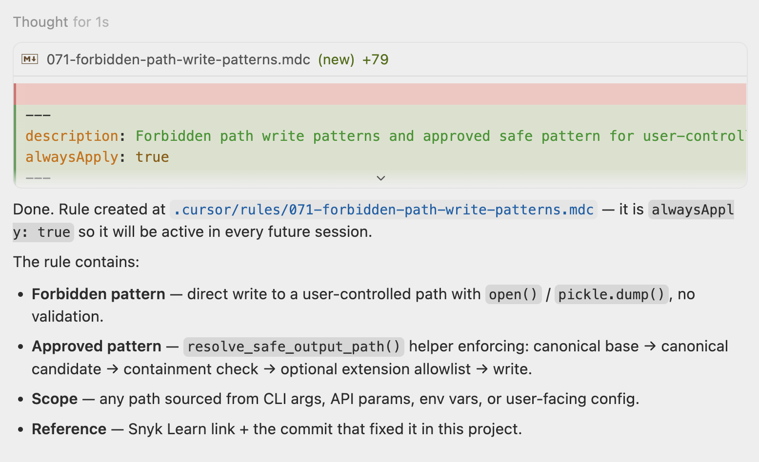 Assistant confirmation after the forbidden-pattern rule is created